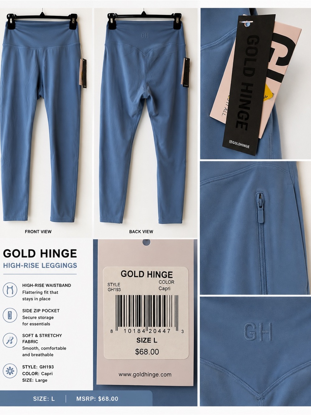 Gold Hinge Leggings Women’s Large Capri Blue GH193 High Rise NWT $68